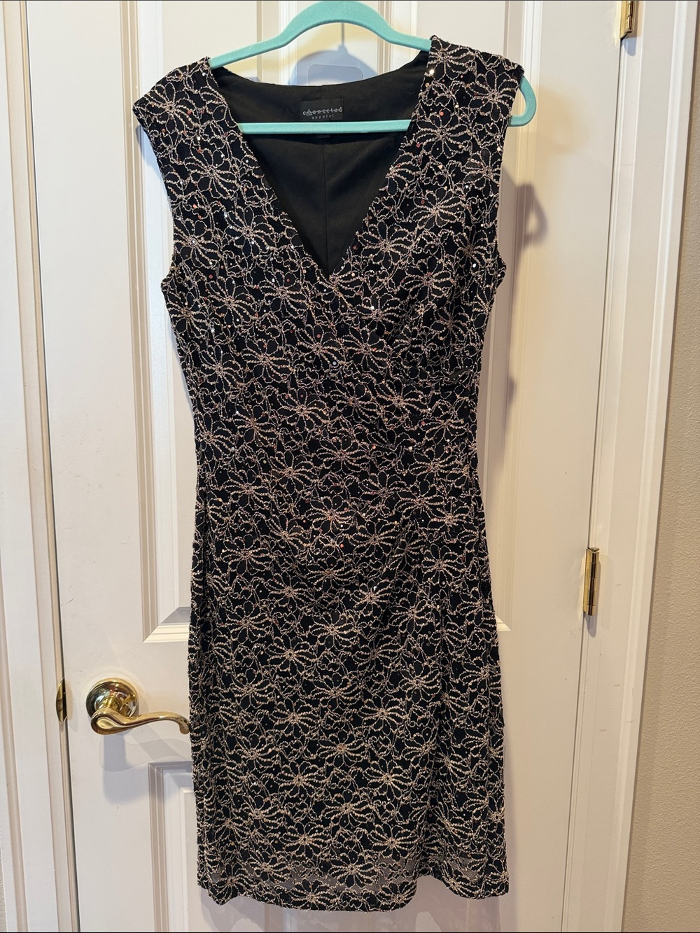 connected apparel Black Lace Sheath Dress with Silver Floral Embroidery